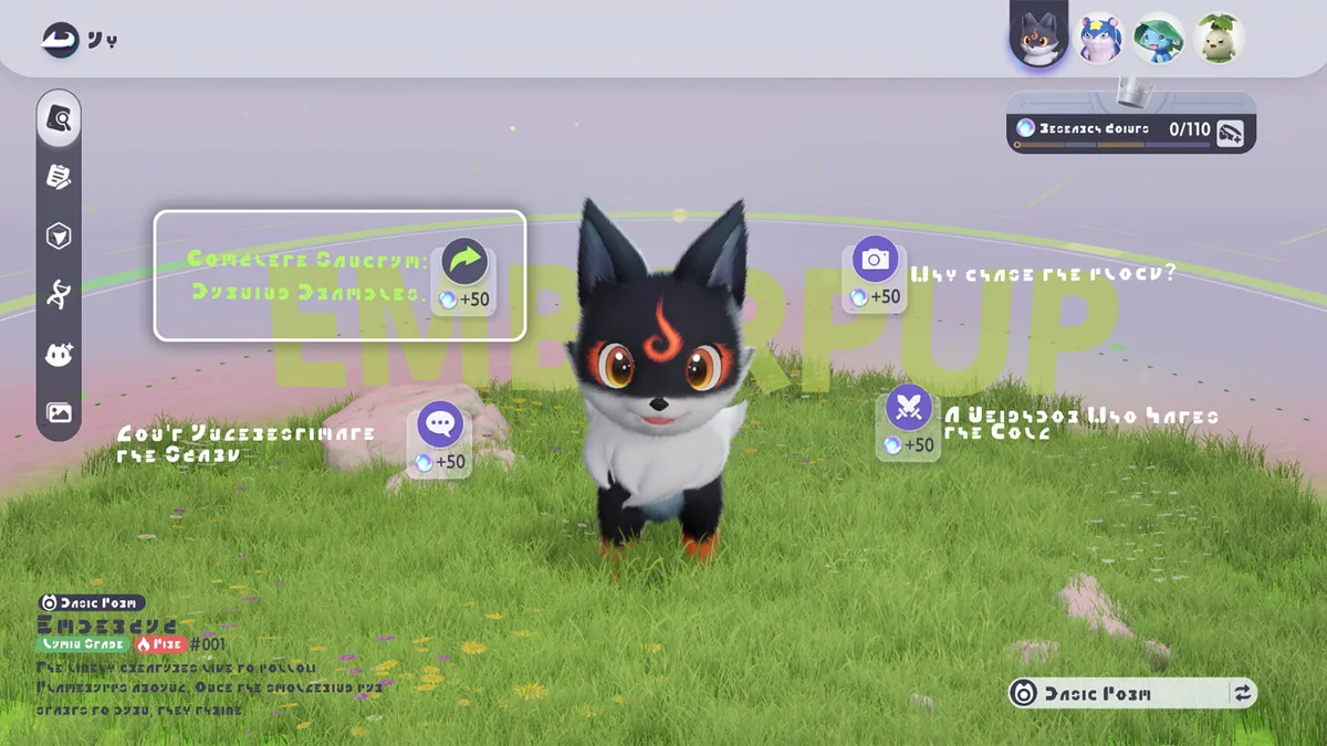 The Aniilog screen for Emberpup, surrounded by Field Notes entries with their Research Points