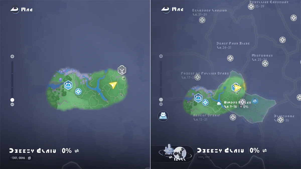 Two map screenshots: on the left a small revealed area, on the right the same region after activating a Branch, with many more locations visible