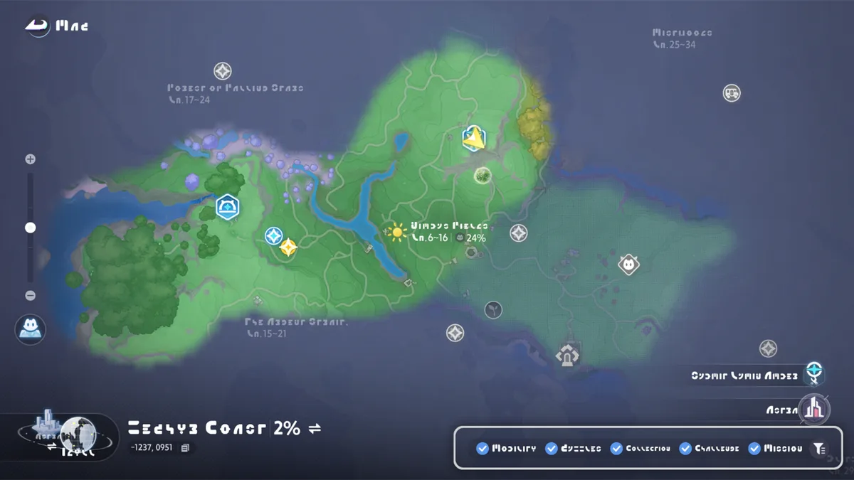 The map of Idyll open in game, with location icons, region-colored areas and the zoom slider on the left