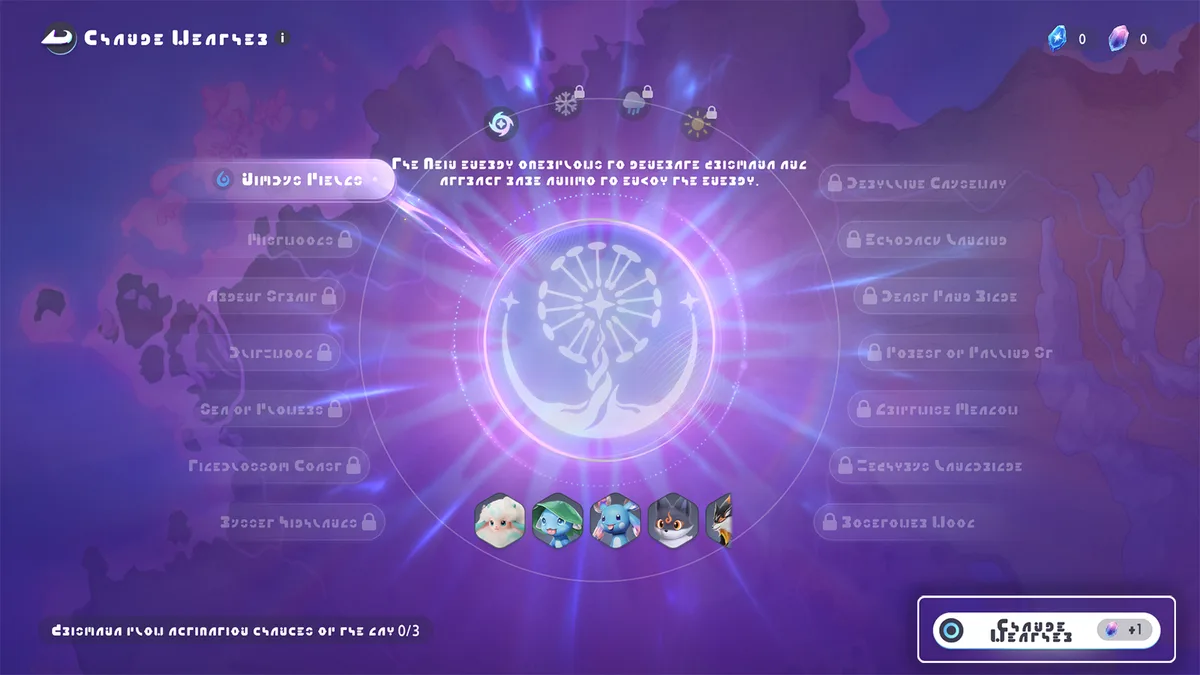 The Change Weather screen: the list of the region’s areas, a large glowing Branch icon in the center and several Aniimo portraits at the bottom