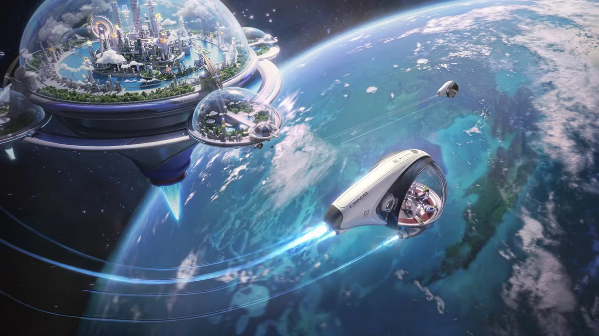 Loading screen art: the floating city of Astra under its domes above a planet, with a ship streaking toward the surface