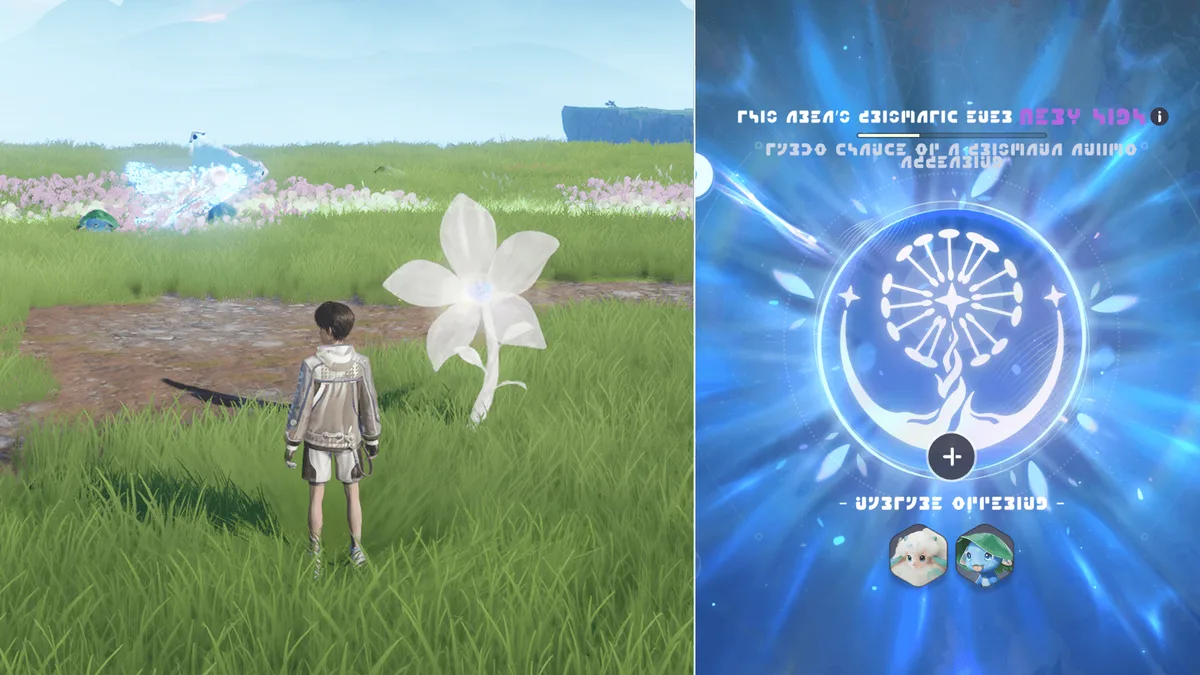 Two screenshots: on the left a Pathfinder facing a large glowing white flower, on the right the area’s Prismatic Energy screen with Nurture offerings