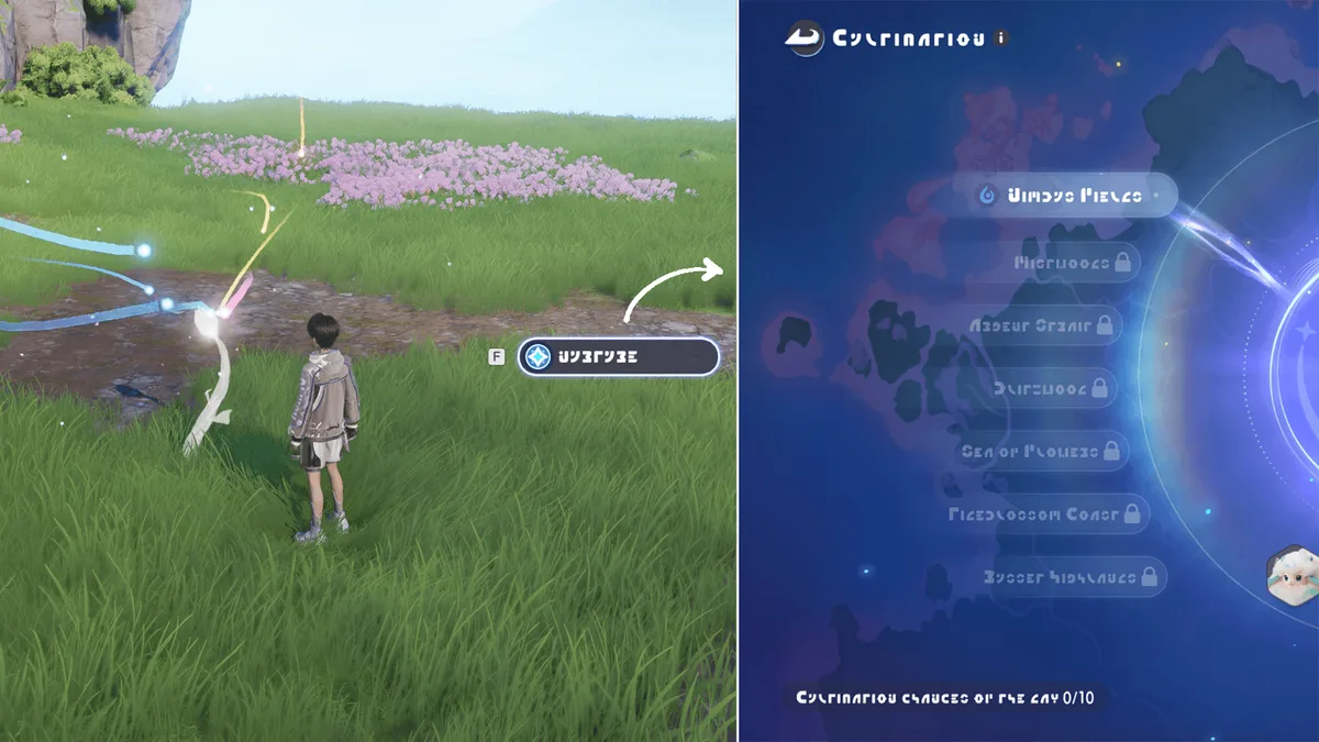 Two screenshots: on the left a Pathfinder next to a Bloom in a meadow, on the right the Nurture screen listing the region’s areas