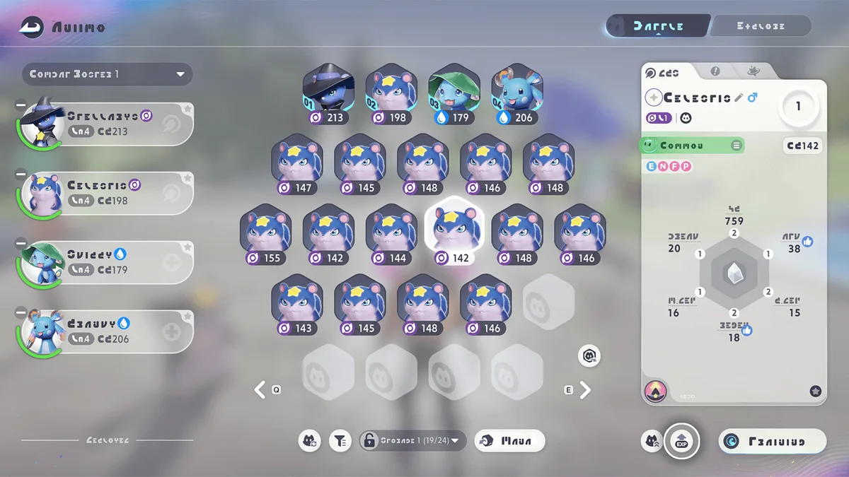 Aniimo Management screen: four party Aniimo on the left, the honeycomb storage in the middle, and a Celestis info card with its six attributes on the right