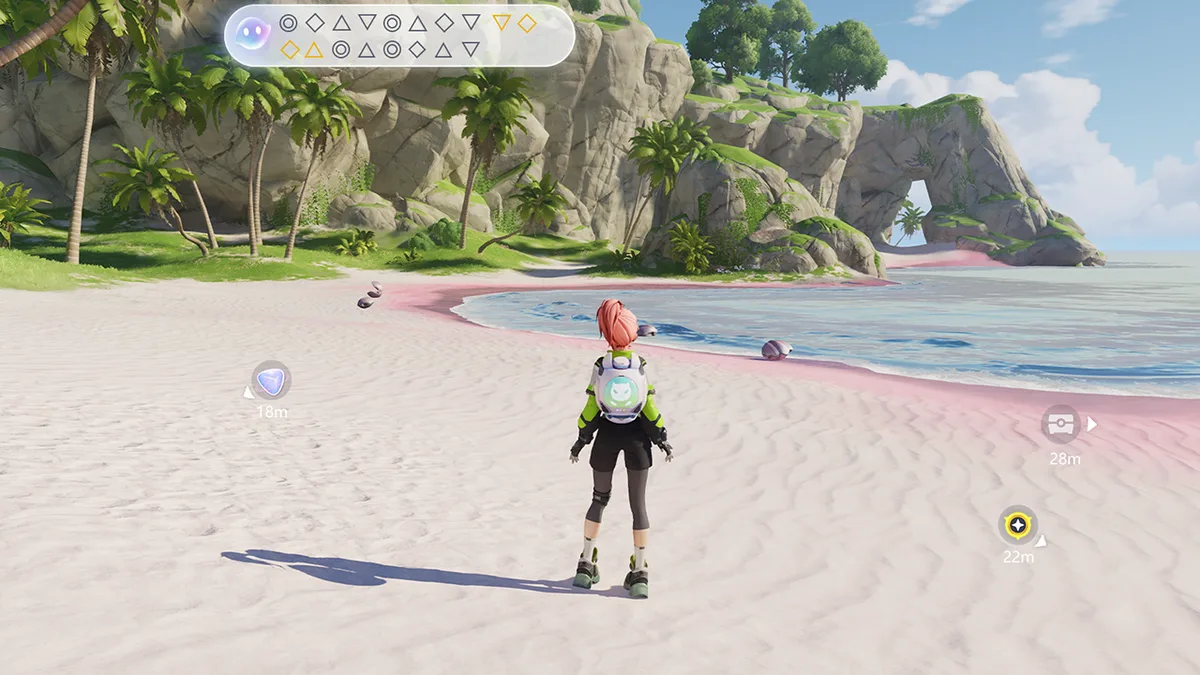 A Pathfinder on a beach with the BINI assistant and distance markers around them, illustrating the Relaxed guidance level
