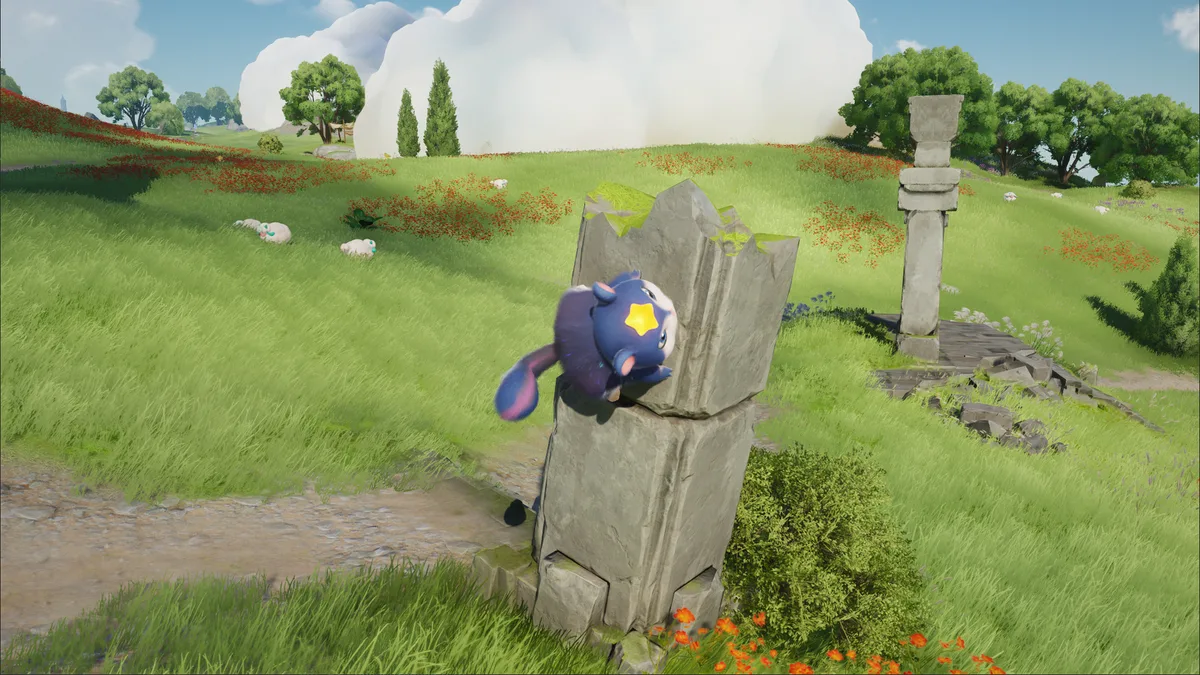 A Celestis clinging to the top of a stone column in a meadow