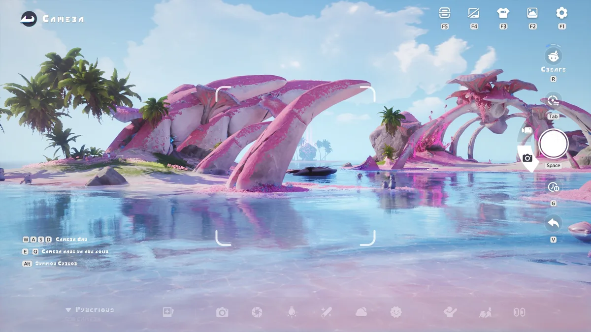 The camera on PC in Creative Mode: a viewfinder framing a beach with pink arches, the toolbar at the top and mode buttons on the right