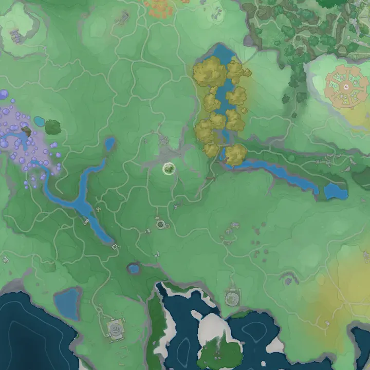Nimbus Fields on the Idyll map: green meadows, rivers and the golden grove to the north-east