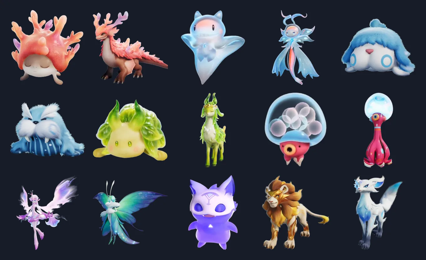 Les 15 rendus du bestiaire. Ligne 1 : Coracroc, Coraleurre, Malange, Malaglace, Mimijoue. Ligne 2 : Morsou, Algobulle, Algoglam, Poulplash, Gachapoulpe. Ligne 3 : Lumiris, Vitti, Morpho, Soléon, Fennelune.
