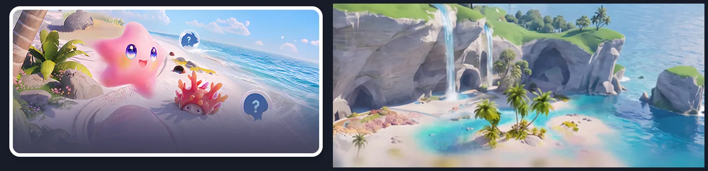À gauche, la carte « Nouvelle région » de l’aperçu de saison : une plage, un Aniimo étoile de mer rose, un Aniimo de corail et deux silhouettes cachées. À droite, l’aperçu de lieu de la zone aquatique : falaises, cascades et lagon.