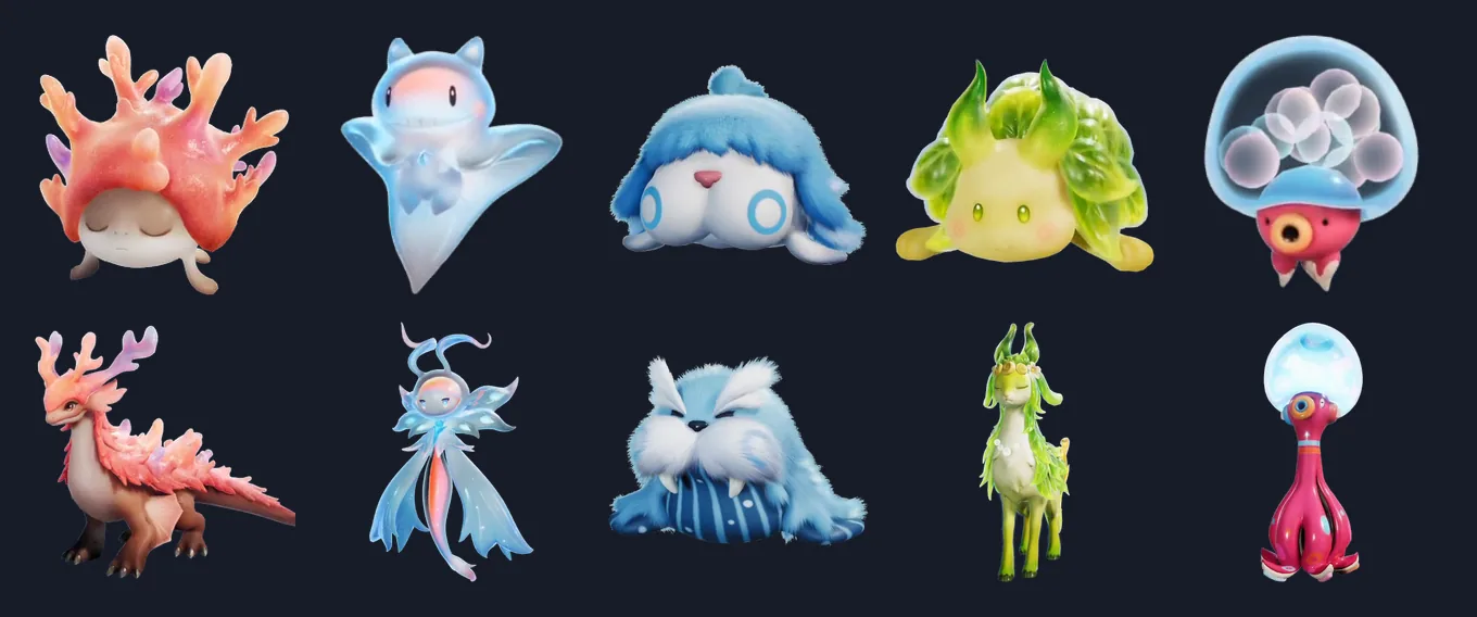 Rendus du bestiaire extraits du client. En haut : Coracroc, Malange, Mimijoue, Algobulle et Poulplash. En bas, leurs évolutions : Coraleurre, Malaglace, Morsou, Algoglam et Gachapoulpe.