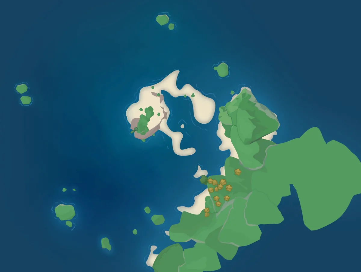 Fond de carte de la zone 3003 extrait du client : un archipel de petites îles et de bancs de sable autour d’une terre plus grande à l’est