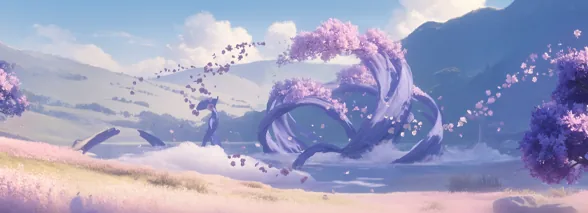 A large purple tree with pink petals leaning over the water in a field of flowers: in-game map preview
