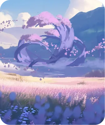 A tree with twisting purple branches by the water, in a field of mauve flowers: quest log illustration