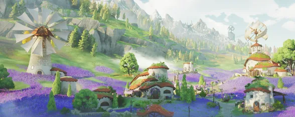 Bloomville: windmills and houses among fields of purple flowers, in-game map preview