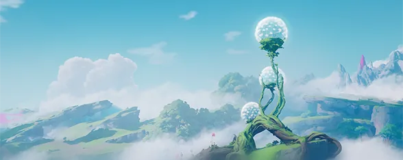 A giant dandelion with a twisting trunk, rising above the clouds: in-game map preview