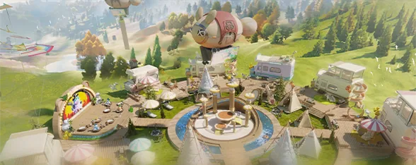 An RV camp set up in a green meadow, with plots and facilities: in-game map preview