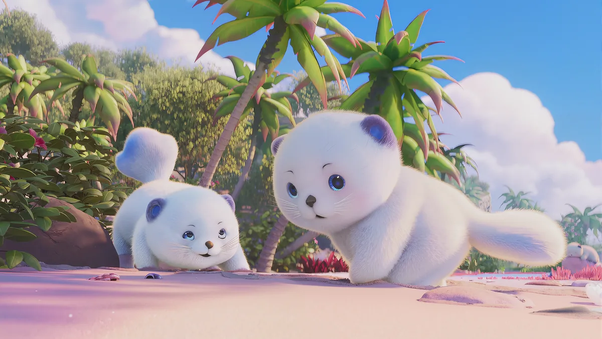 Two white Susuta on a pink sand beach lined with palm trees: in-game loading screen