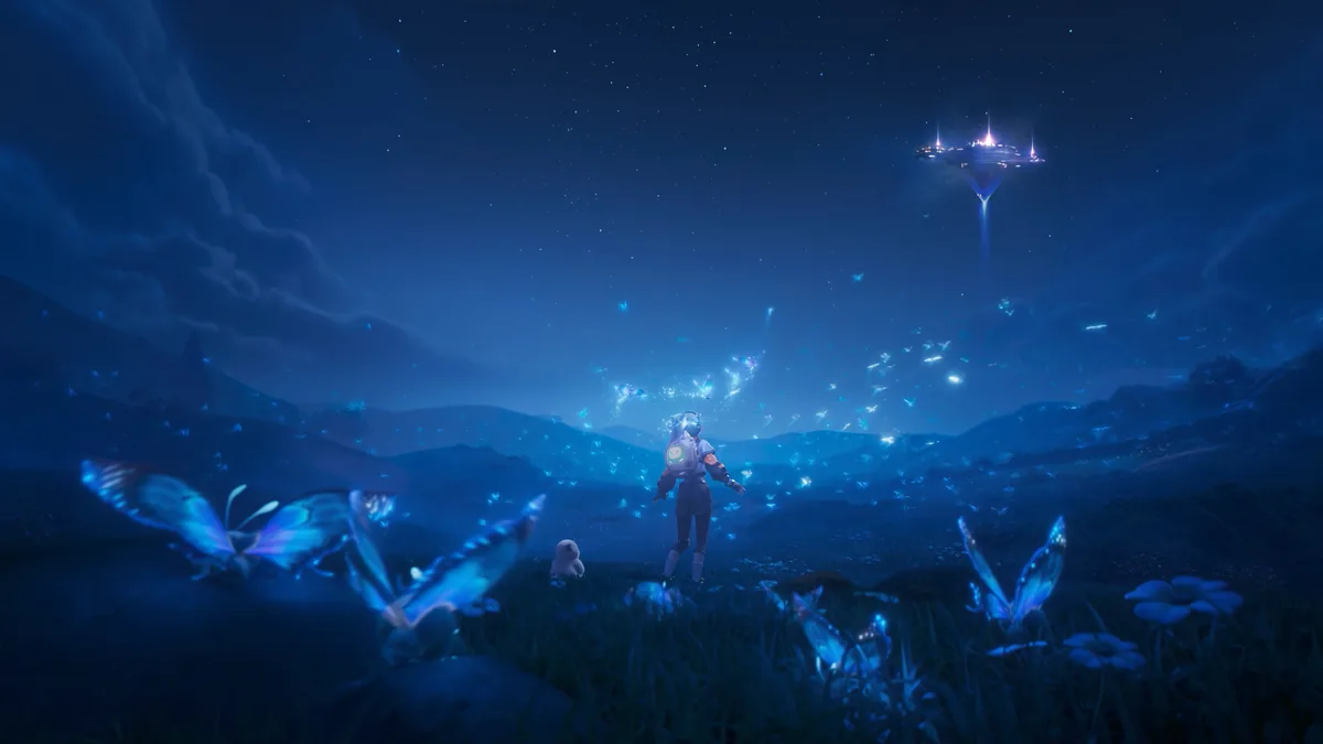 A Pathfinder standing in a meadow at night, surrounded by glowing butterflies, a lit city floating in the sky: in-game loading screen