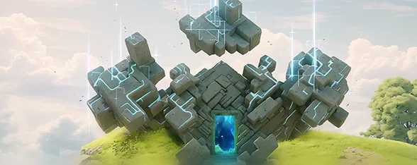 A Sanctum: floating stone blocks laced with glowing lines around a blue doorway: in-game map preview