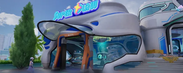 Astra's Super Claw shop, a neon-lit claw machine: in-game map preview